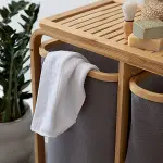 KİRLİ ÇAMAŞIR SEPETİ AHŞAP - BAMBU 3 ORGANİZER BÖLMELİ KUMAŞ ÇANTALI 50X30X70CM (4745)-2