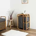 KİRLİ ÇAMAŞIR SEPETİ AHŞAP - BAMBU 3 ORGANİZER BÖLMELİ KUMAŞ ÇANTALI 50X30X70CM (4745)-5