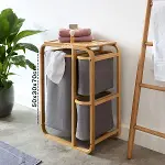KİRLİ ÇAMAŞIR SEPETİ AHŞAP - BAMBU 3 ORGANİZER BÖLMELİ KUMAŞ ÇANTALI 50X30X70CM (4745)-1