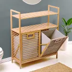 KİRLİ 2 KAT ORGANİZER RAFLI - 2 BÖLMELİ ÖNDEN ÇEK AÇ KALIN AHŞAP BAMBU KİRLİ ÇAMAŞIR SEPETİ 80X33X87CM (4745)-4