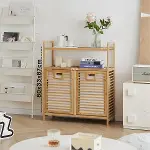 KİRLİ 2 KAT ORGANİZER RAFLI - 2 BÖLMELİ ÖNDEN ÇEK AÇ KALIN AHŞAP BAMBU KİRLİ ÇAMAŞIR SEPETİ 80X33X87CM (4745)-1