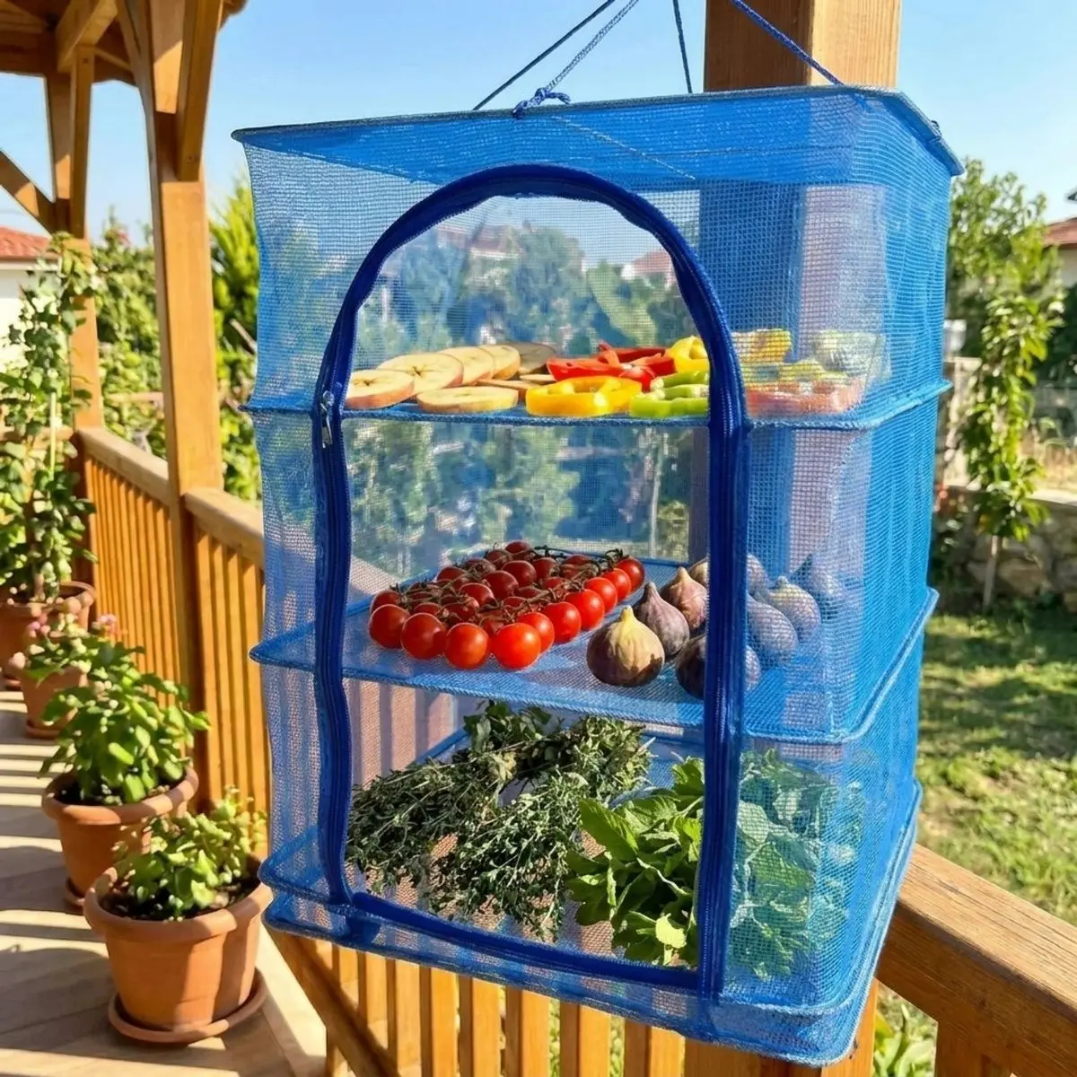 3 Katlı Fermuarlı Sebze Meyve Kurutucu File – 45x45&nbsp;cm Katlı Askılı Kurutma Filesi (56&nbsp;cm Uzunluk) (4745)