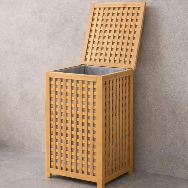 KALIN AHŞAP BAMBU KİRLİ ÇAMAŞIR SEPETİ KUMAŞ ÇANTALI SEPET=40X40X58CM (4745)
