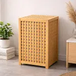 KALIN AHŞAP BAMBU KİRLİ ÇAMAŞIR SEPETİ KUMAŞ ÇANTALI SEPET=40X40X58CM (4745)-2