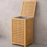 KALIN AHŞAP BAMBU KİRLİ ÇAMAŞIR SEPETİ KUMAŞ ÇANTALI SEPET=40X40X58CM (4745)-1
