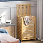 KALIN AHŞAP BAMBU KİRLİ ÇAMAŞIR SEPETİ KUMAŞ ÇANTALI SEPET=43X33X67CM (4745)-3