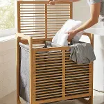 KALIN AHŞAP BAMBU 2 BÖLMELİ KİRLİ ÇAMAŞIR SEPETİ KUMAŞ ÇANTALI SEPET=54X35X60CM (4745)-2