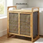 KALIN AHŞAP BAMBU 2 BÖLMELİ KİRLİ ÇAMAŞIR SEPETİ KUMAŞ ÇANTALI SEPET=54X35X60CM (4745)-1