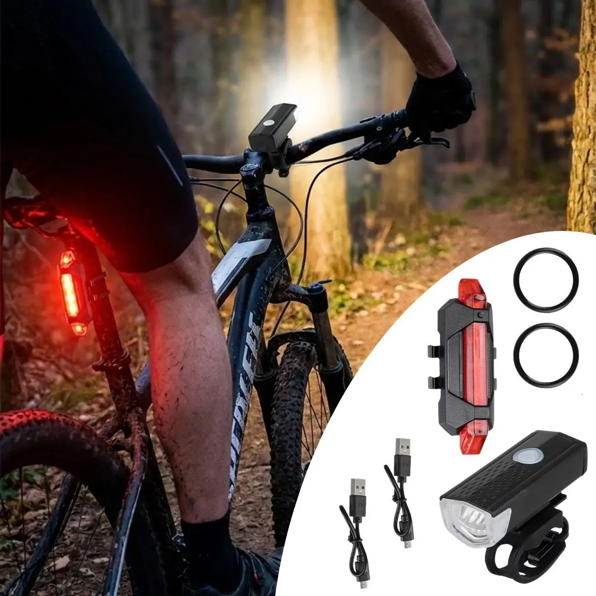Bisiklet Işık Seti – USB Şarjlı LED Ön Far + Arka Stop Lambası, Su Geçirmez&nbsp;Bisiklet Aydınlatma Seti (4745)