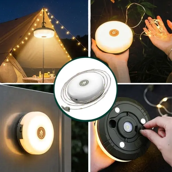 2’si 1 Arada 5 Farklı Işık Modlu Gün Işığı Şarjlı Kamp Lambası ve Makaralı 10 Metre Peri LED Işık – Su Geçirmez Mıknatıslı Aydınlatma Feneri (4745)