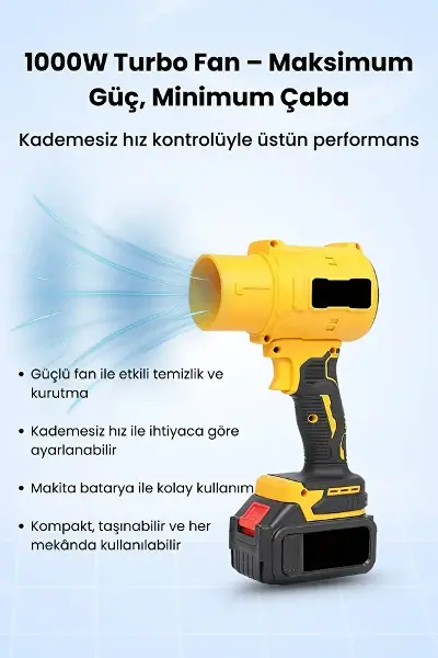 21V Kablosuz Hava Üfleyici | 32.000RPM Turbo Fan, 12.000mAh Batarya, Bahçe &amp;amp; Araç Kurutma / Sarı (4745)