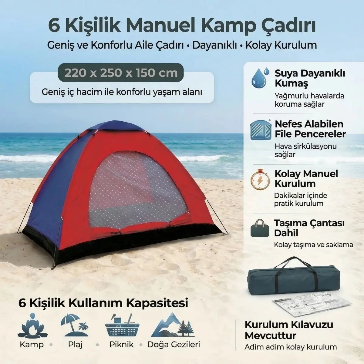 6 Kişilik Manuel Kurulum Kamp Çadırı – Aile, Doğa, Piknik ve Outdoor Kamp Çadırı 220x250x150 cm (4745)-3