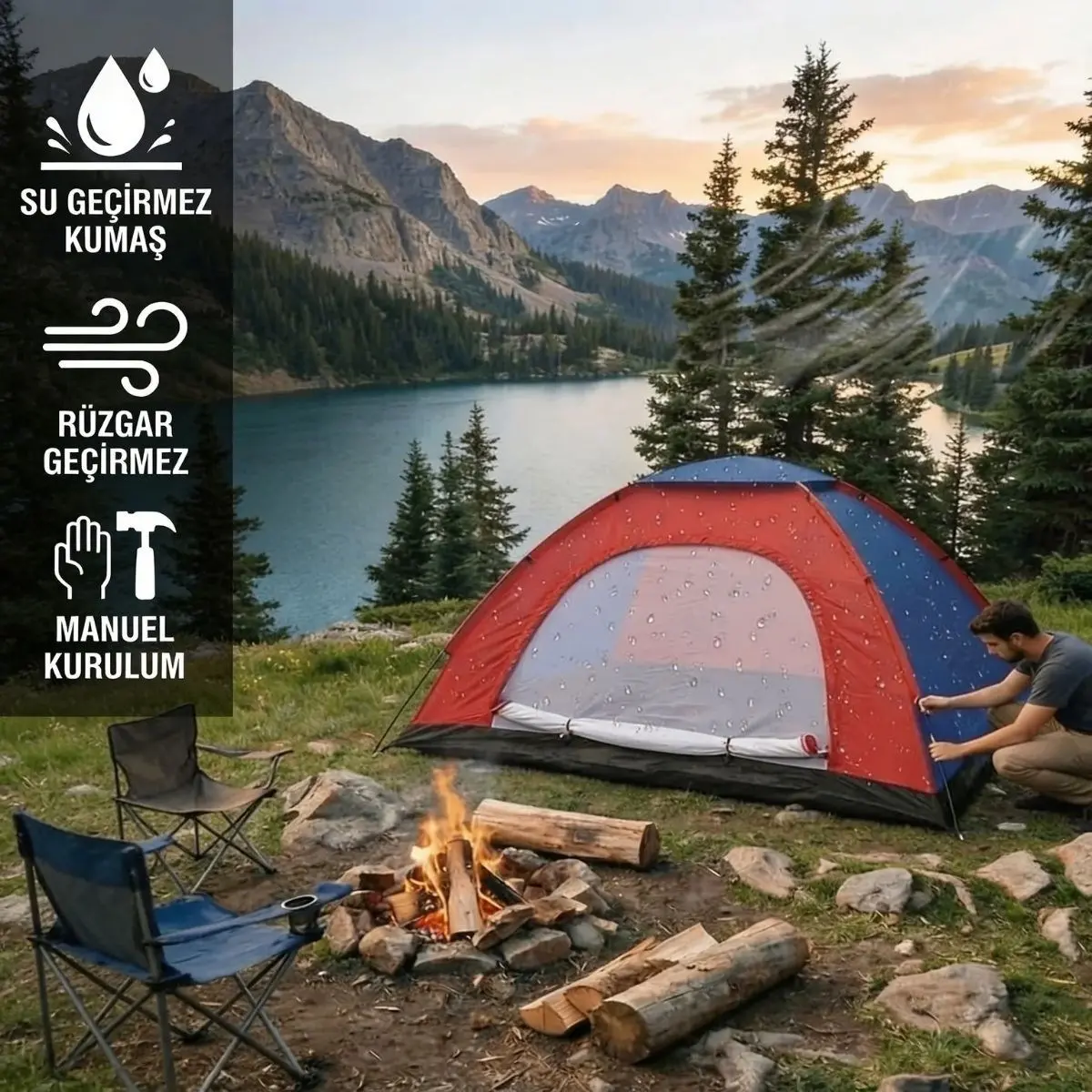 6 Kişilik Manuel Kurulum Kamp Çadırı – Aile, Doğa, Piknik ve Outdoor Kamp Çadırı 220x250x150 cm (4745)-5