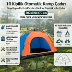 10&nbsp;Kişilik Otomatik Kurulum Kamp Çadırı – Outdoor , Suya Dayanıklı Hızlı Kurulum Piknik ve Doğa İçin Geniş Aile Çadırı 300x300x170 cm (4745)-4