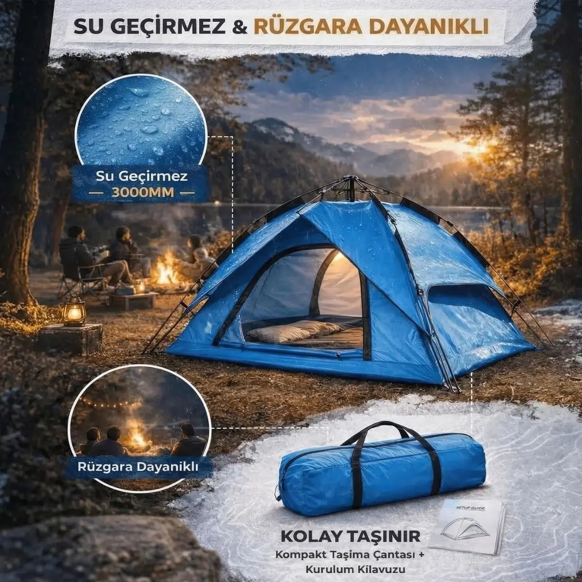 4 Kişilik Otomatik Kamp Çadırı – Çift Katmanlı, Suya Dayanıklı, Hızlı Kurulum Outdoor Aile ve Doğa Çadırı 200x200x140 cm (4745)-3