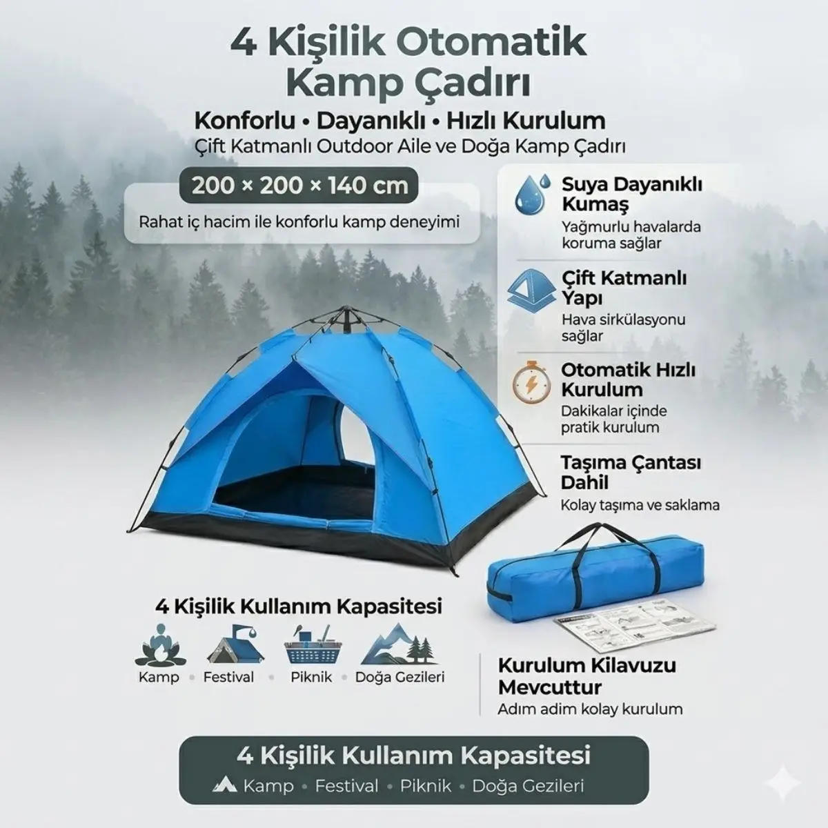 4 Kişilik Otomatik Kamp Çadırı – Çift Katmanlı, Suya Dayanıklı, Hızlı Kurulum Outdoor Aile ve Doğa Çadırı 200x200x140 cm (4745)-4