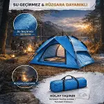 4 Kişilik Otomatik Kamp Çadırı – Çift Katmanlı, Suya Dayanıklı, Hızlı Kurulum Outdoor Aile ve Doğa Çadırı 200x200x140 cm (4745)-3