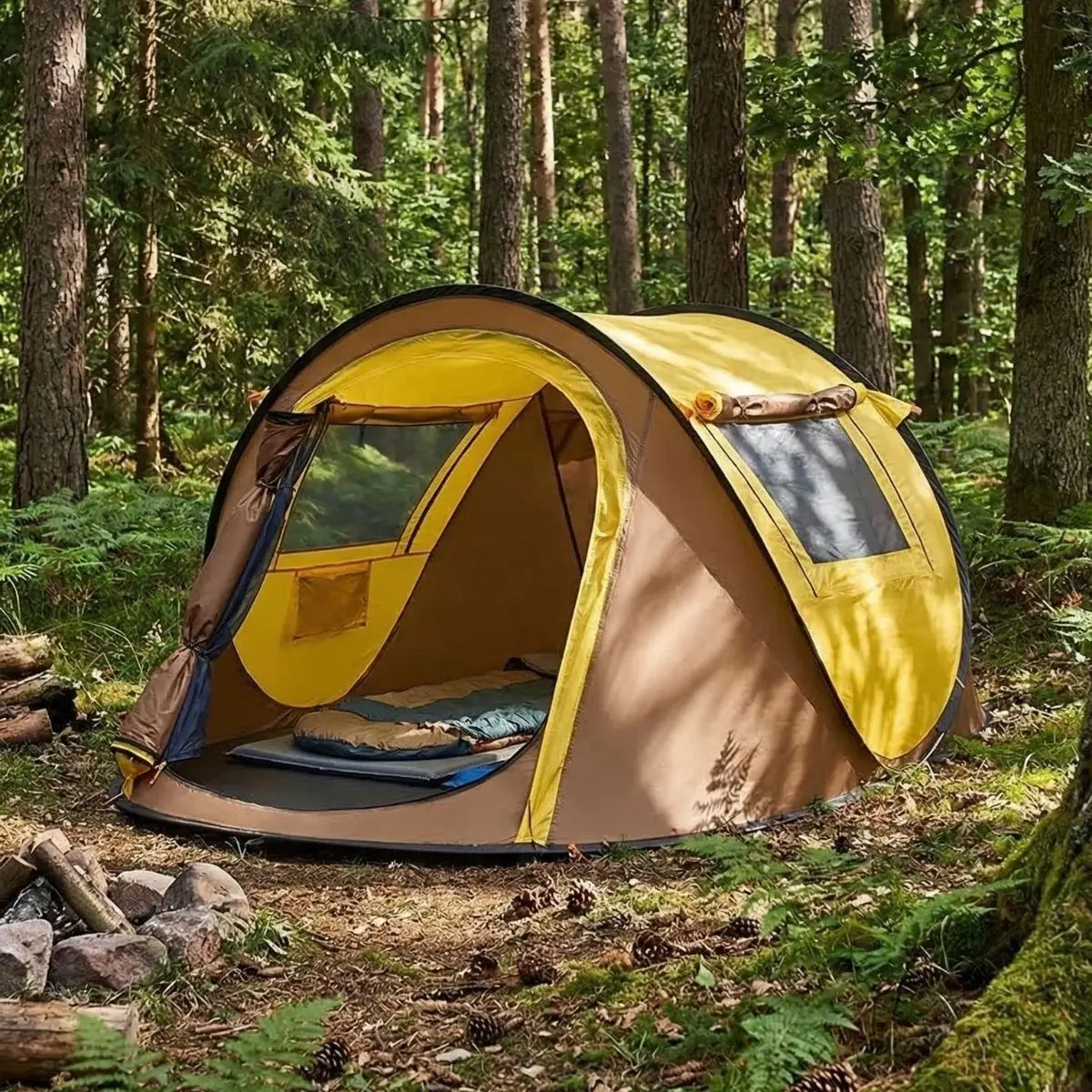 2 Kişilik Vagon Tipi Yarı Otomatik Kamp Çadırı – Çift Kapılı, Çift Pencereli, Hafif Taşınabilir Outdoor Doğa Çadırı 220x120x90 cm (4745)