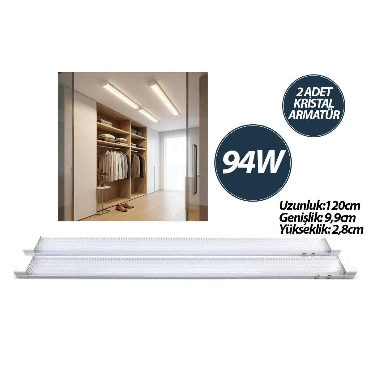 2 PCS 94W 120CM KRİSTAL LED BANT ARMATÜR BEYAZ=6500K ALÜMİNYUM KAPAK IP20 - Y BAĞLANTI EAMP-093/1B (4745)