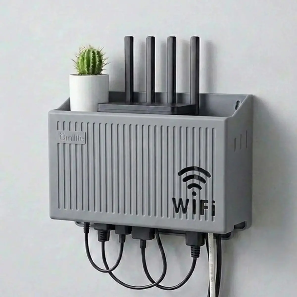 Duvar Tipi Wi-Fi Modem Saklama Kutusu(Gri) – Kablo Düzenleyici Router Raf Organizer (4745)