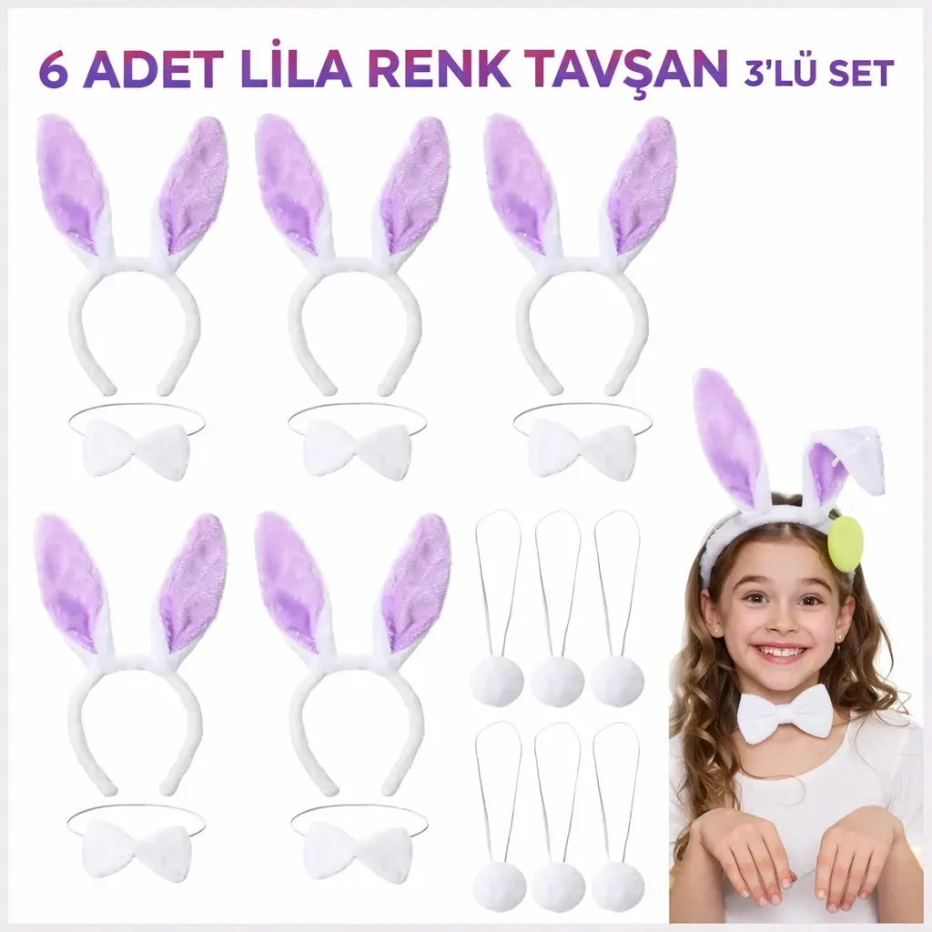 Lila Tavşan Sahne Seti 6&amp;apos;lı Set Taç Papyon Kuyruk (4745)