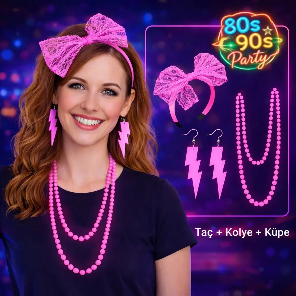 80’ler 90’lar Neon Pembe Parti Seti – Kolye Küpe Taç (4745)