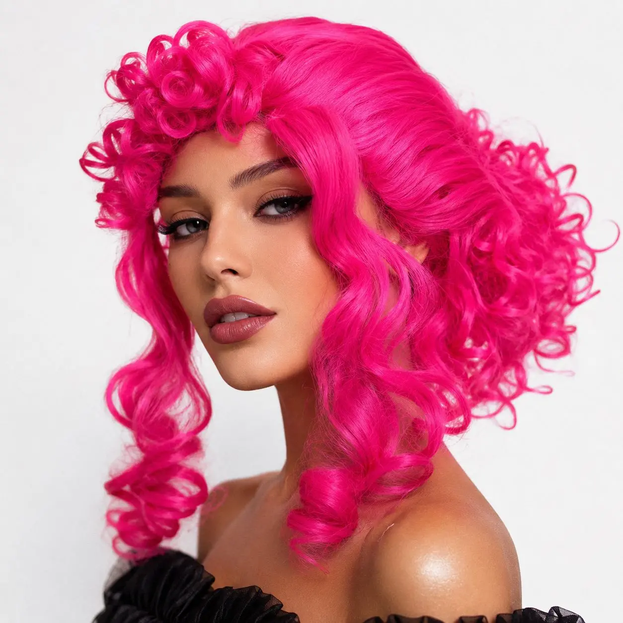 Neon Pembe Bukleli Kıvırcık Cosplay Peruğu - İçi Astarlı (4745)