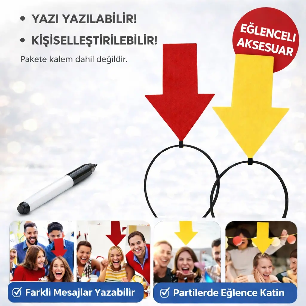 Kişiselleştirilebilir Ok İşaretli Mesaj Tacı (2’li Set Sarı-Kırmızı) (4745)