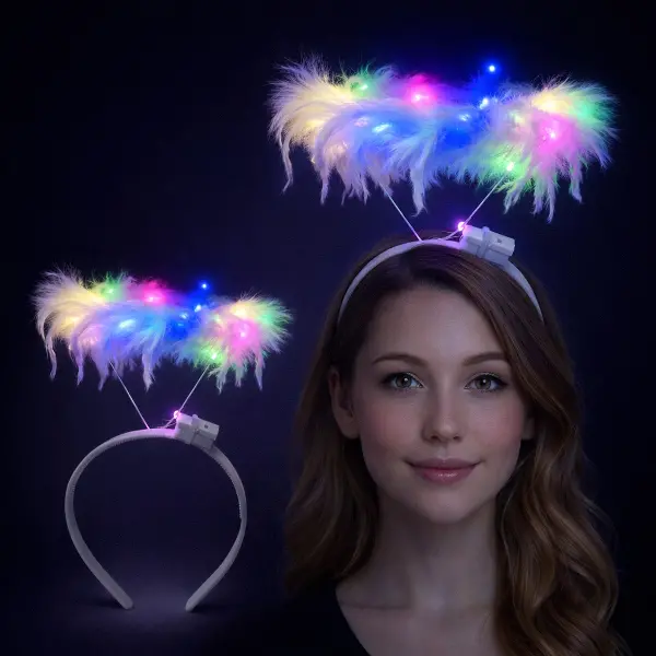 Renkli LED Işıklı Beyaz Tüylü Püsküllü Parti Tacı (4745)
