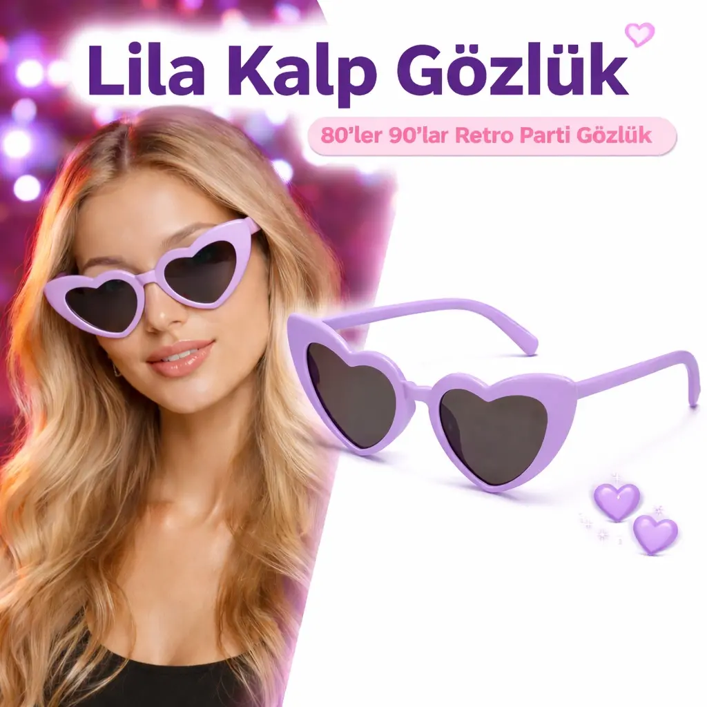 Mor Lila Retro Kalp Gözlük – 80’ler 90’lar Stil Parti Gözlüğü (4745)