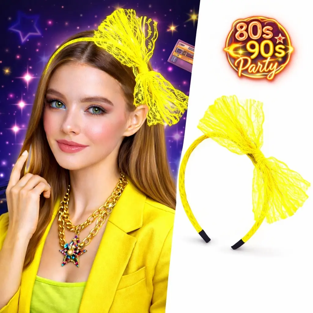 80’ler 90’lar Neon Sarı Dantel Taç Fiyonklu (4745)