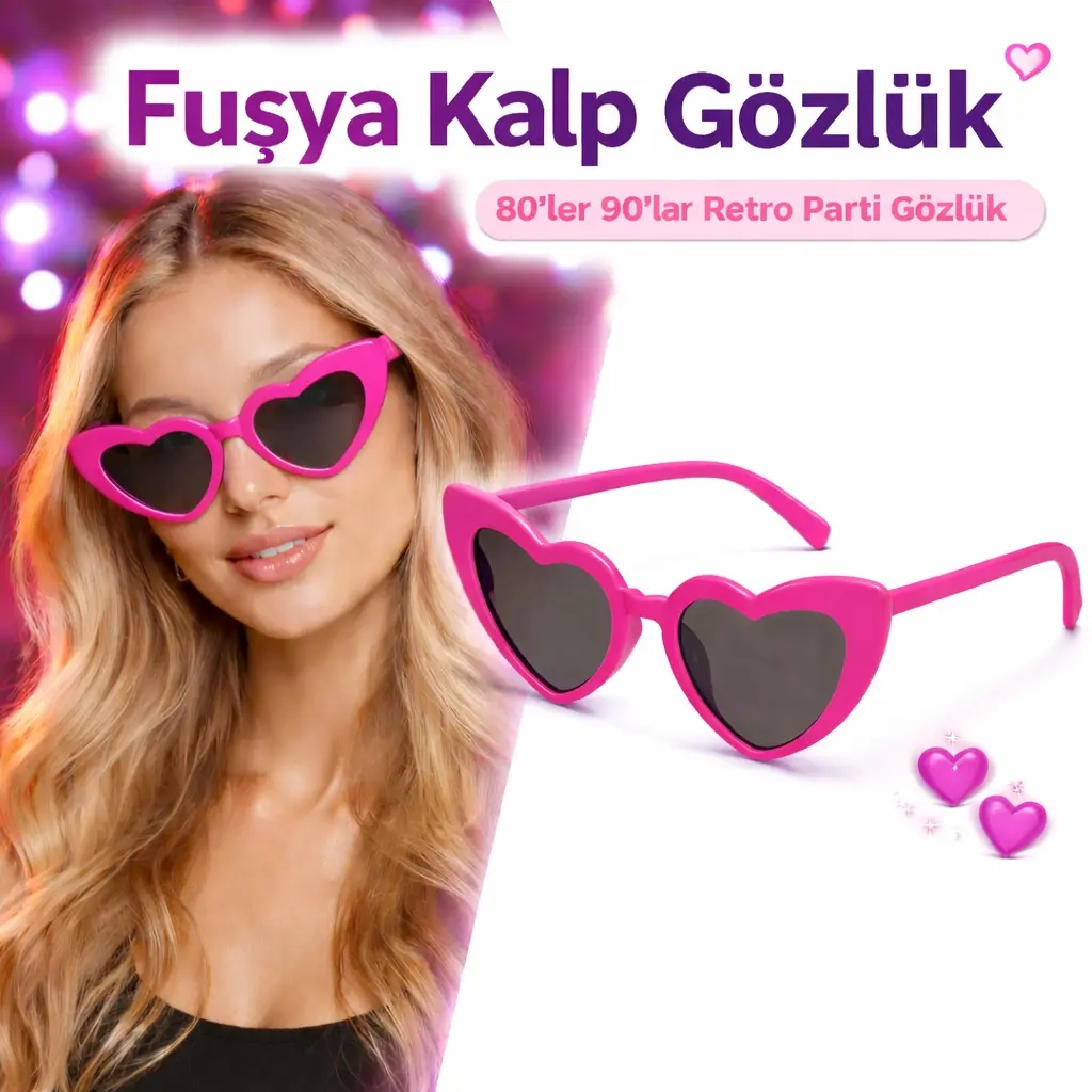 Fuşya Pembe Retro Kalp Gözlük – 80’ler 90’lar Stil Parti Gözlüğü (4745)