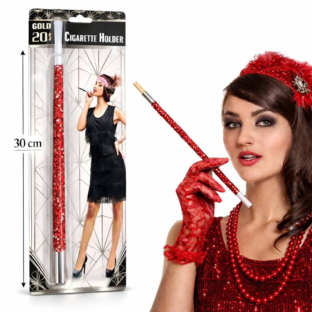 30 cm Kırmızı Payetli Sigara Tutacağı – 1920’ler Gatsby Parti Aksesuarı (4745)