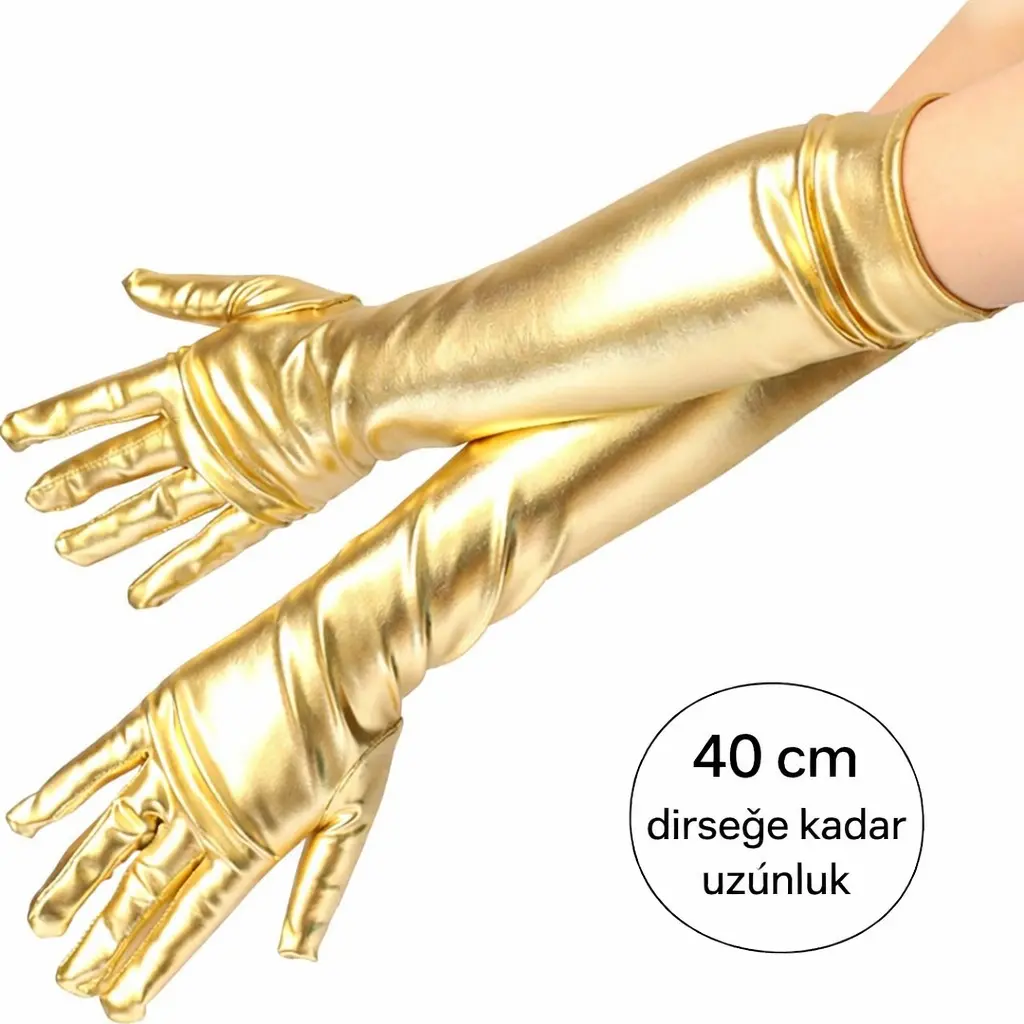 Altın Renk Dirsek Altı Lüks Saten Eldiven 40 cm (4745)