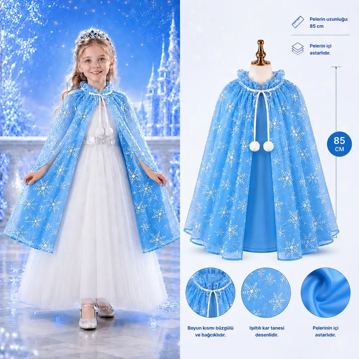 Kar Tanesi Desenli Mavi Elsa Pelerini - Astarlı Frozen Pelerini 85 cm (4745)