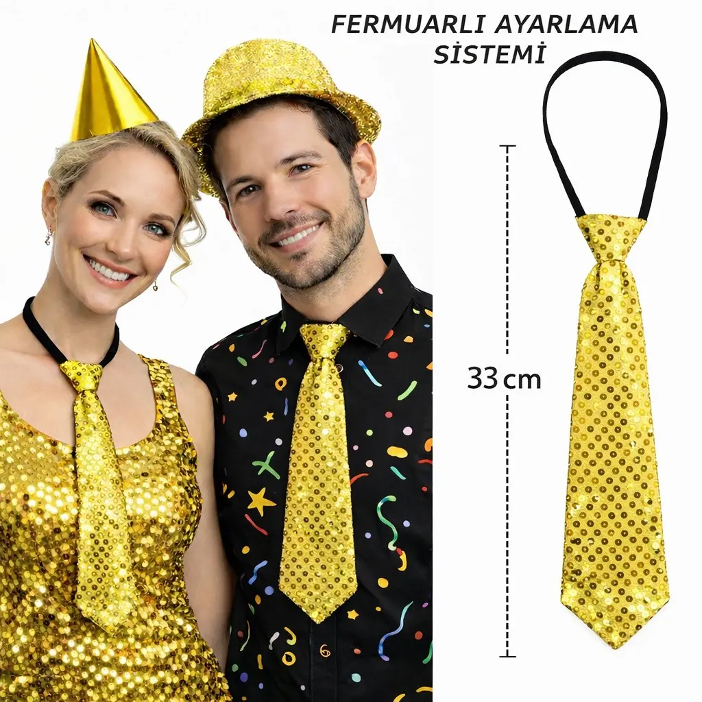 Altın Renk Pul Payetli Işıltılı Parti Kravatı 33 cm (4745)