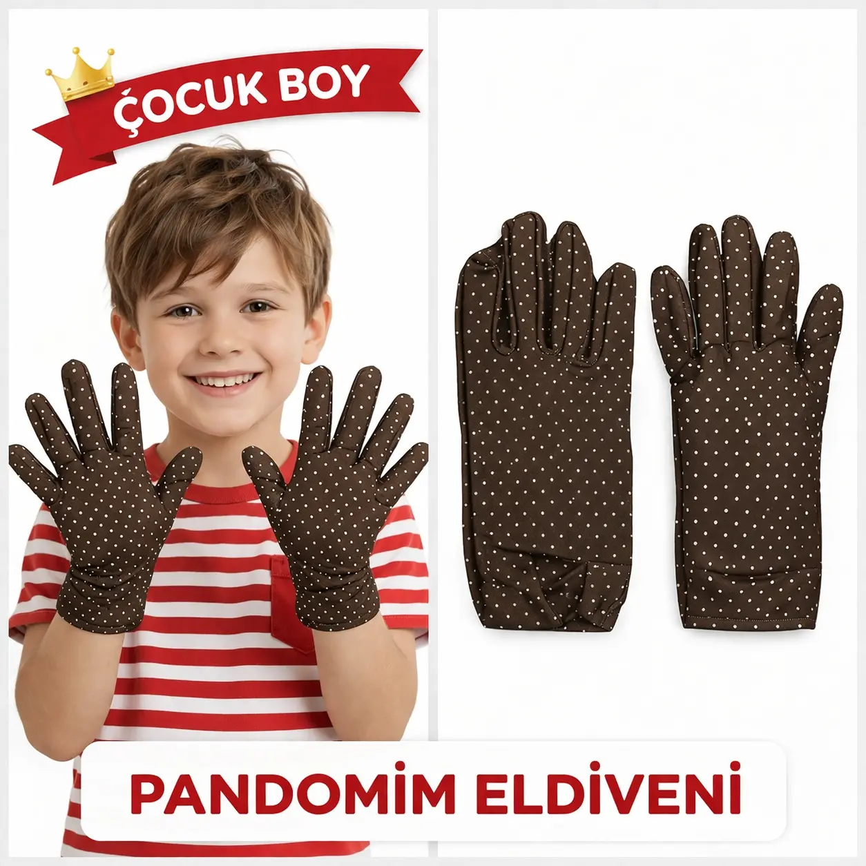 Çocuk Boy Pandomim Eldiveni Beyaz Puantiyeli Kahve Renk Gösteri Eldiveni 23 Nisan 19 Mayıs (4745)