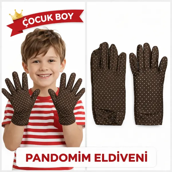 Çocuk Boy Pandomim Eldiveni Beyaz Puantiyeli Kahve Renk Gösteri Eldiveni 23 Nisan 19 Mayıs (4745)