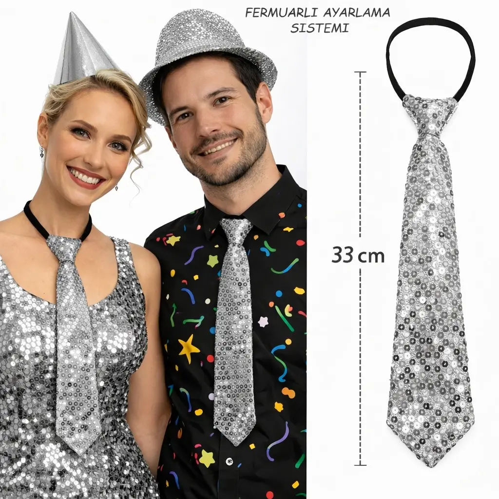 Gümüş Renk Pul Payetli Işıltılı Parti Kravatı 33 cm (4745)