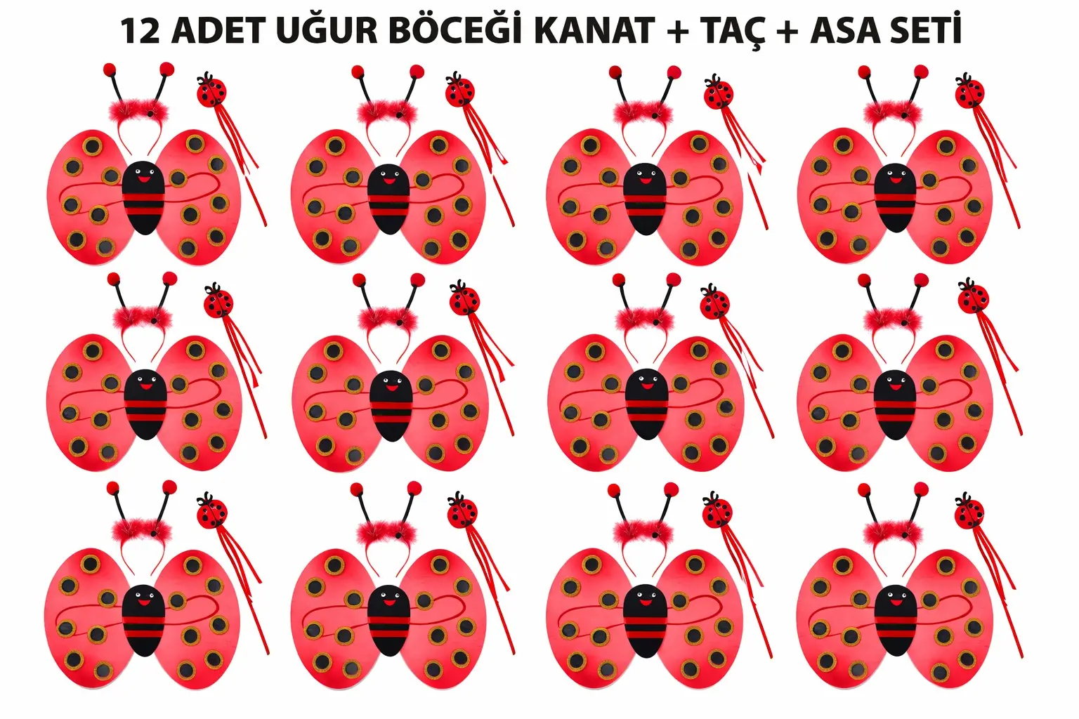 Uğur Böceği Kostüm Seti - Kanat Taç Asa 3 Parça 12 Adet (4745)
