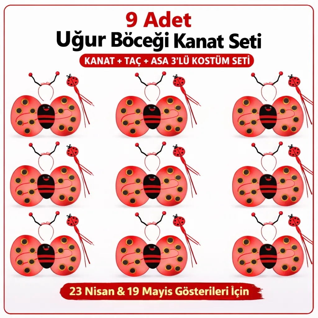 9’lu Uğur Böceği Ateş Böceği Kostüm Seti – Kanat Taç Asa (4745)
