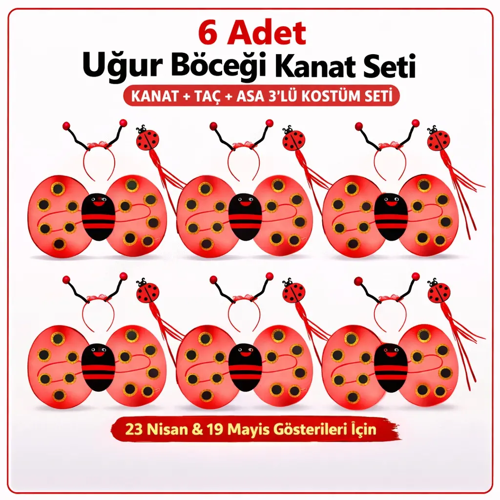 6&amp;apos;lı Uğur Böceği Ateş Böceği Kostüm Seti – Kanat Taç Asa (4745)