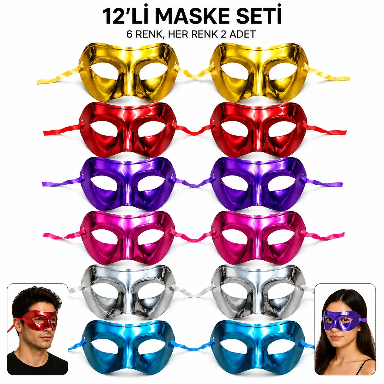 12'li Metalik Venedik Toptan Parti Maskesi Seti – 6 Renk Karışık (4745)