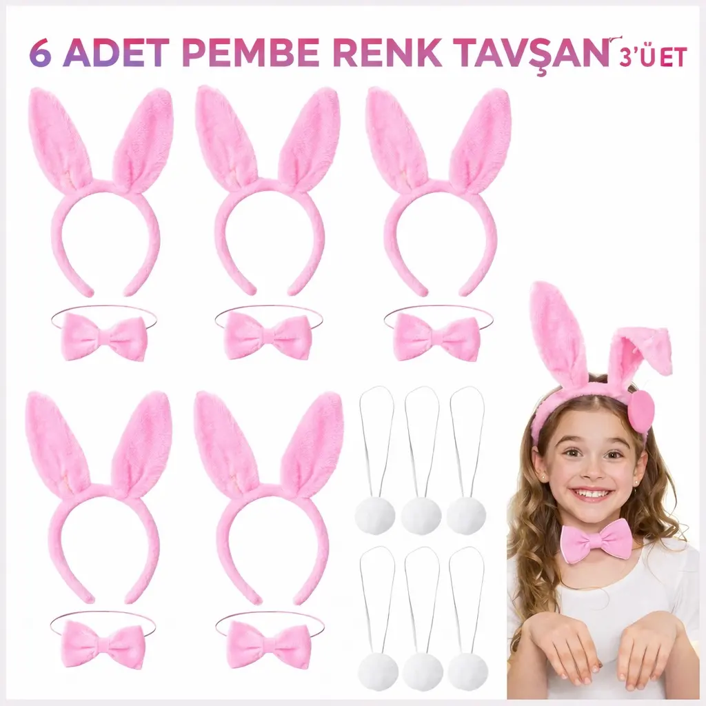 Full Pembe Renk Tavşan Sahne Seti 6&amp;apos;lı Set Taç Papyon Kuyruk (4745)