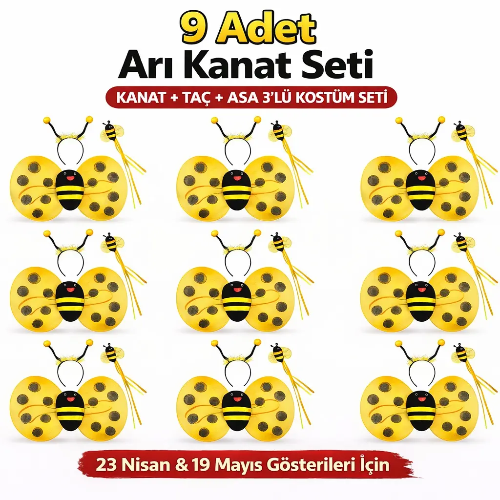 9’lu Arı Kostüm Seti – Kanat Taç Asa (4745)