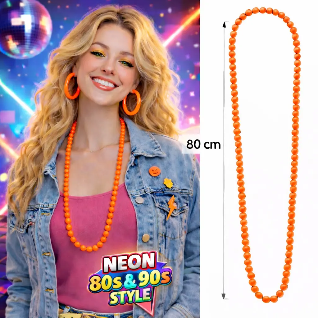 Neon Turuncu Boncuk Kolye 80 cm – Retro 80’ler 90’lar Parti Aksesuarı (4745)