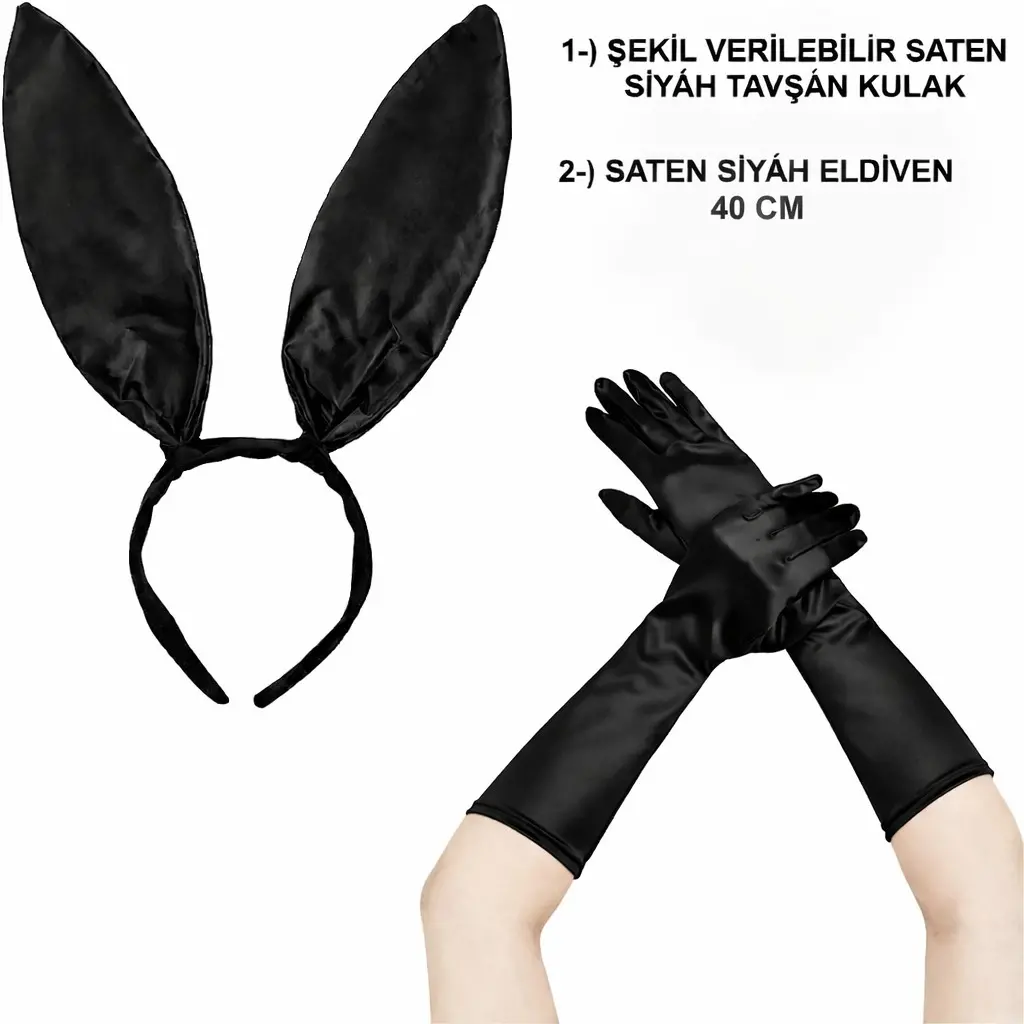 Siyah Parlak Tavşan Kulak ve 40 cm Parlak Siyah Eldiven Kostüm Seti (4745)