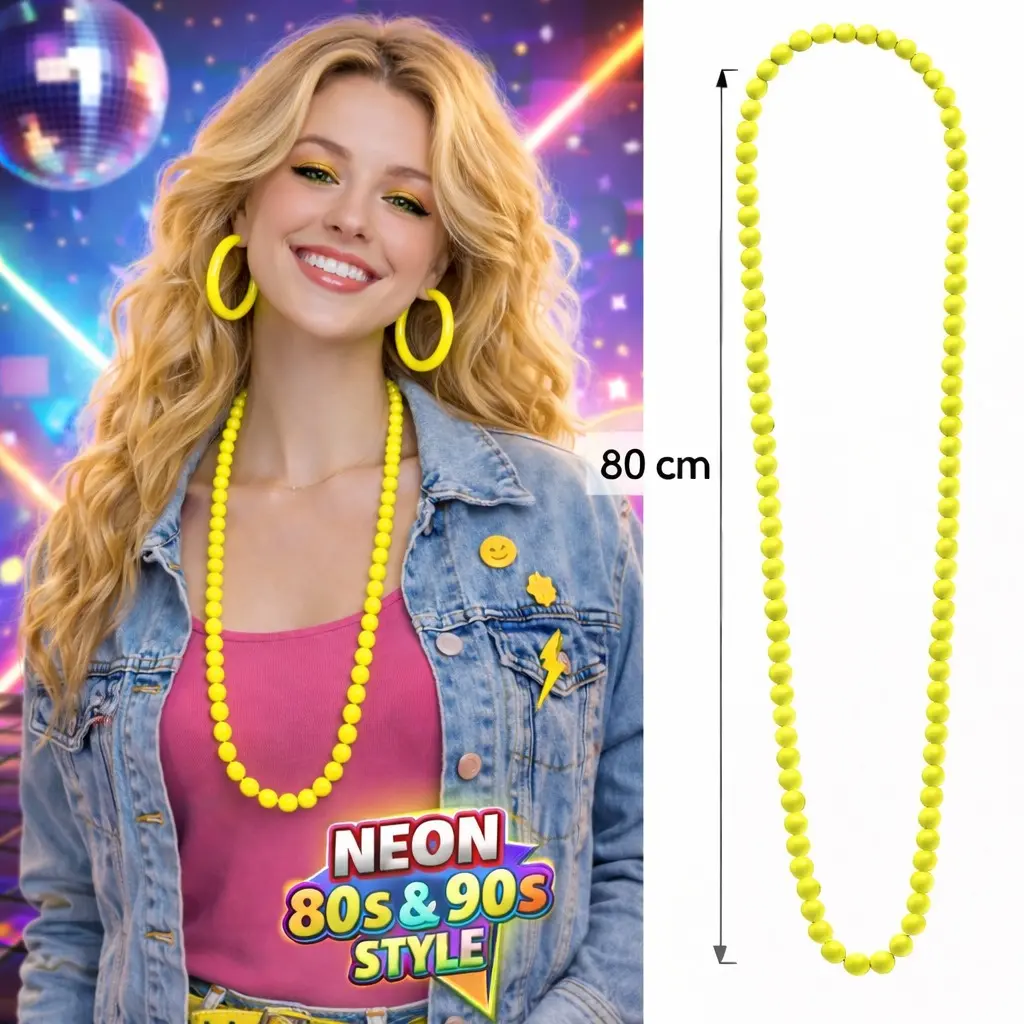 Neon Sarı Boncuk Kolye 80 cm – Retro 80’ler 90’lar Parti Aksesuarı (4745)
