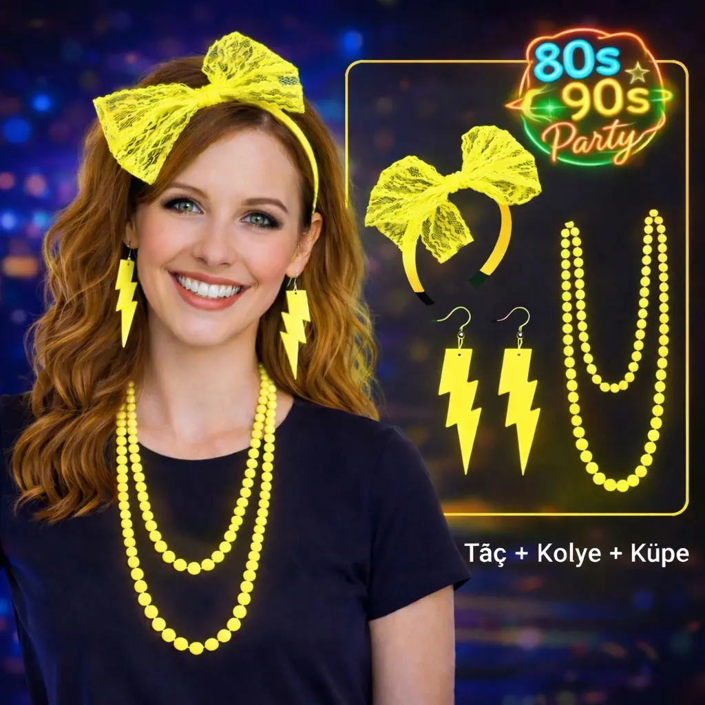 80’ler 90’lar Neon Sarı Parti Seti – Kolye Küpe Taç (4745)