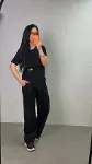 Kadın Kısa Kollu Bisiklet Yaka Yandan Toka Detaylı Viskon Iki Iplik Bluz Ve Pantolon Ikili Takım-3